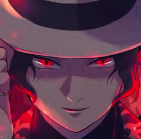 Animated character with a hat and red eyes in a stylized setting